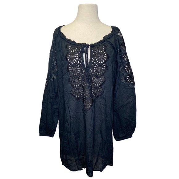 J Crew Women's Swim Suit Cover Up Tunic Eyelet Embroidered Black Medium Boho - Picture 1 of 5